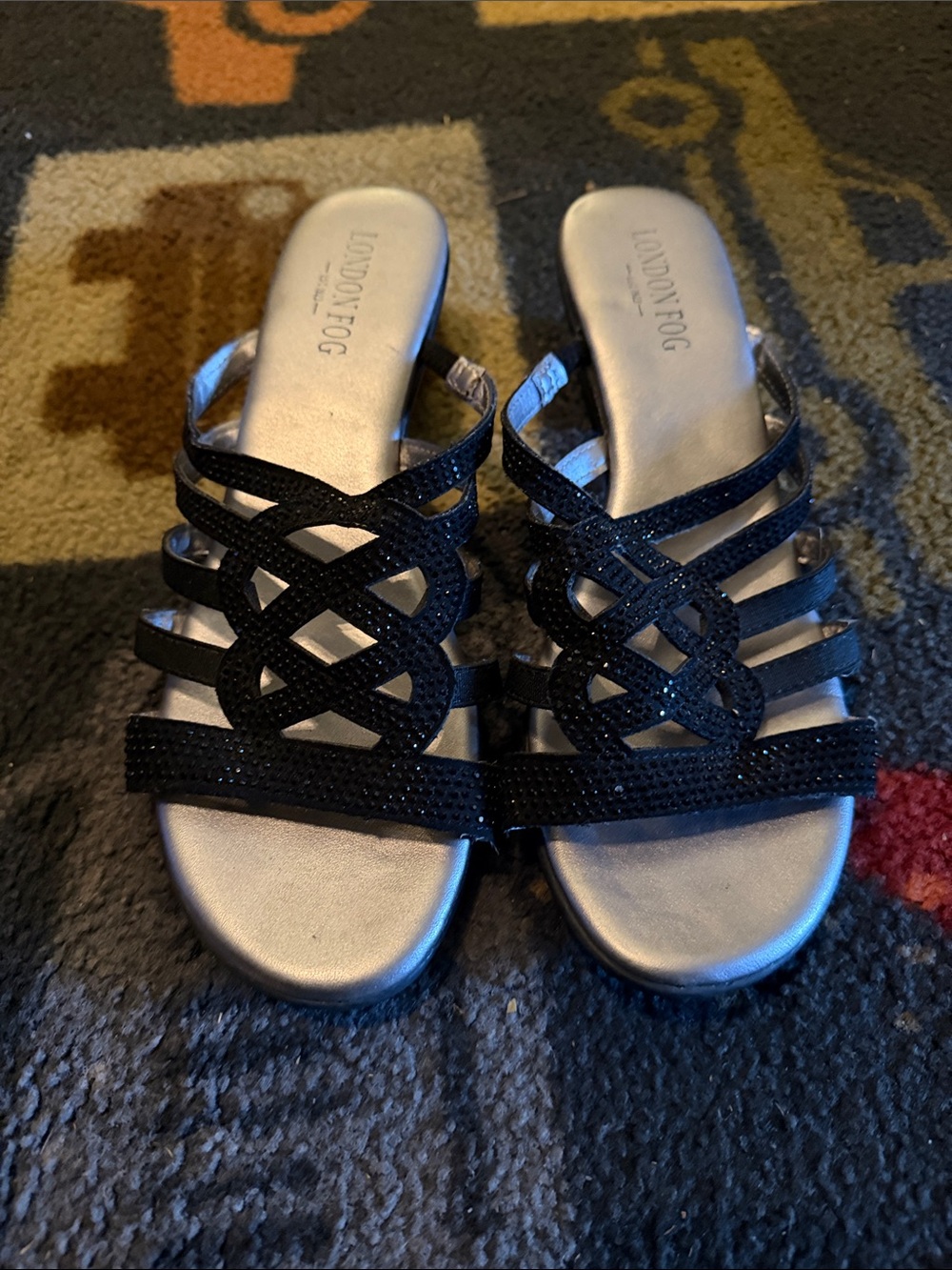 London Fog Black Glitter Strappy Slide Sandals